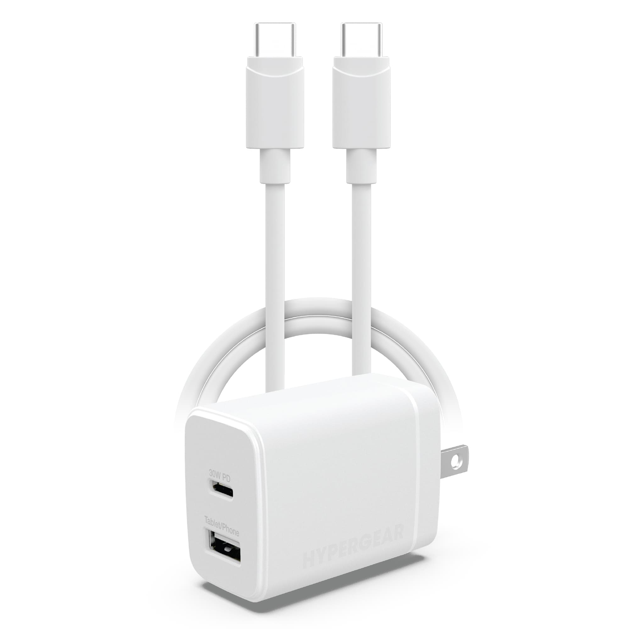 HyperGear 30W Fast Dual Wall Charger & 4ft USB C to USB C Cable (White)