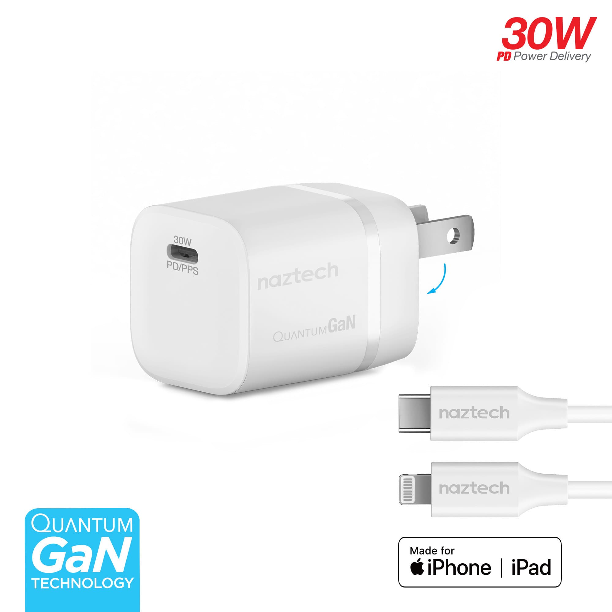 Naztech Nexus M30 30W PD GaN Wall Charger & 6ft MFi USB C to Lightning Cable