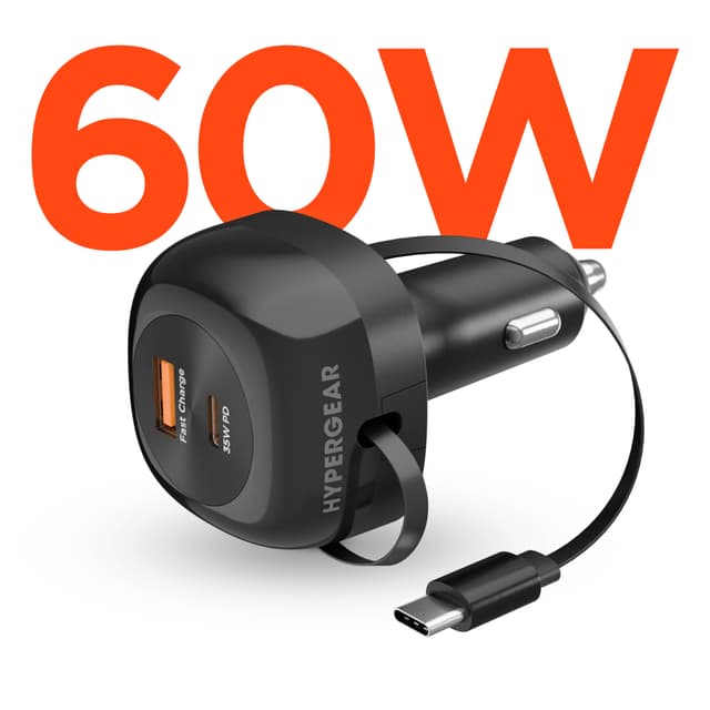 HyperGear 30W 3in1 SpeedBoost Car Charger & Retractable USB C Cable