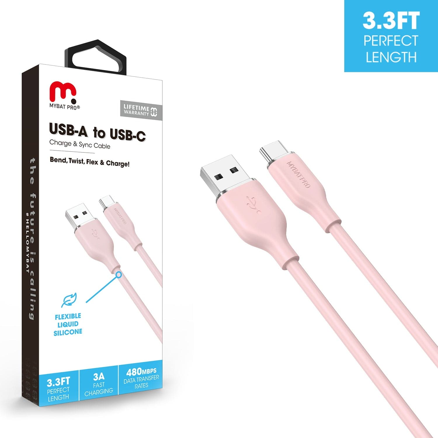 MYBAT Pro 3ft Liquid Silicone USB A to USB C Cable (Pink)