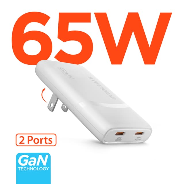 HyperGear 65W SpeedBoost Dual USB C Ultra Slim GaN Wall Charger