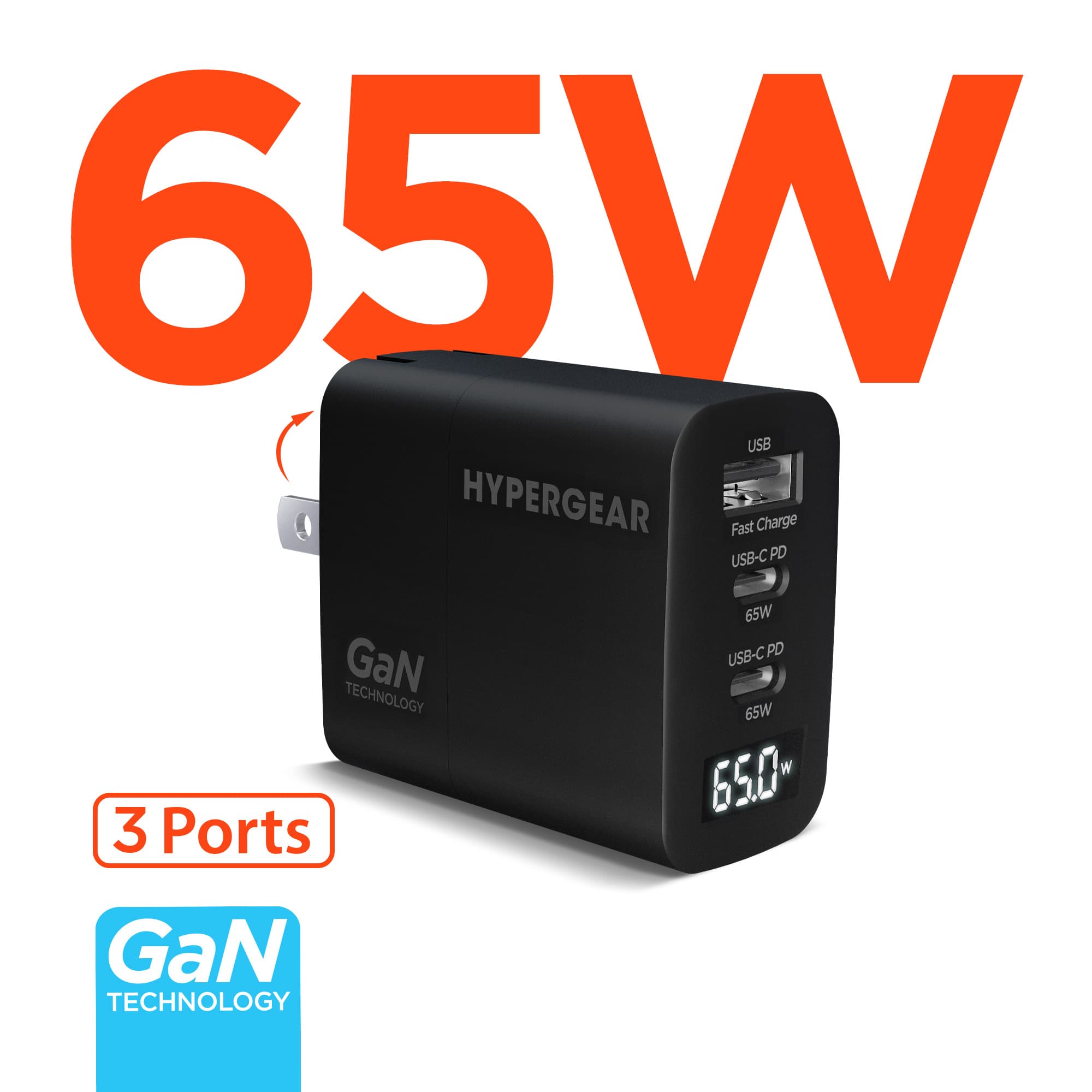 HyperGear 65W SpeedBoost USB C Tri-Port GaN Laptop Charger
