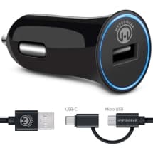 HyperGear 2.4A Rapid Car Charger, 4ft Cable, & Micro USB to USB C Adapter (Black)