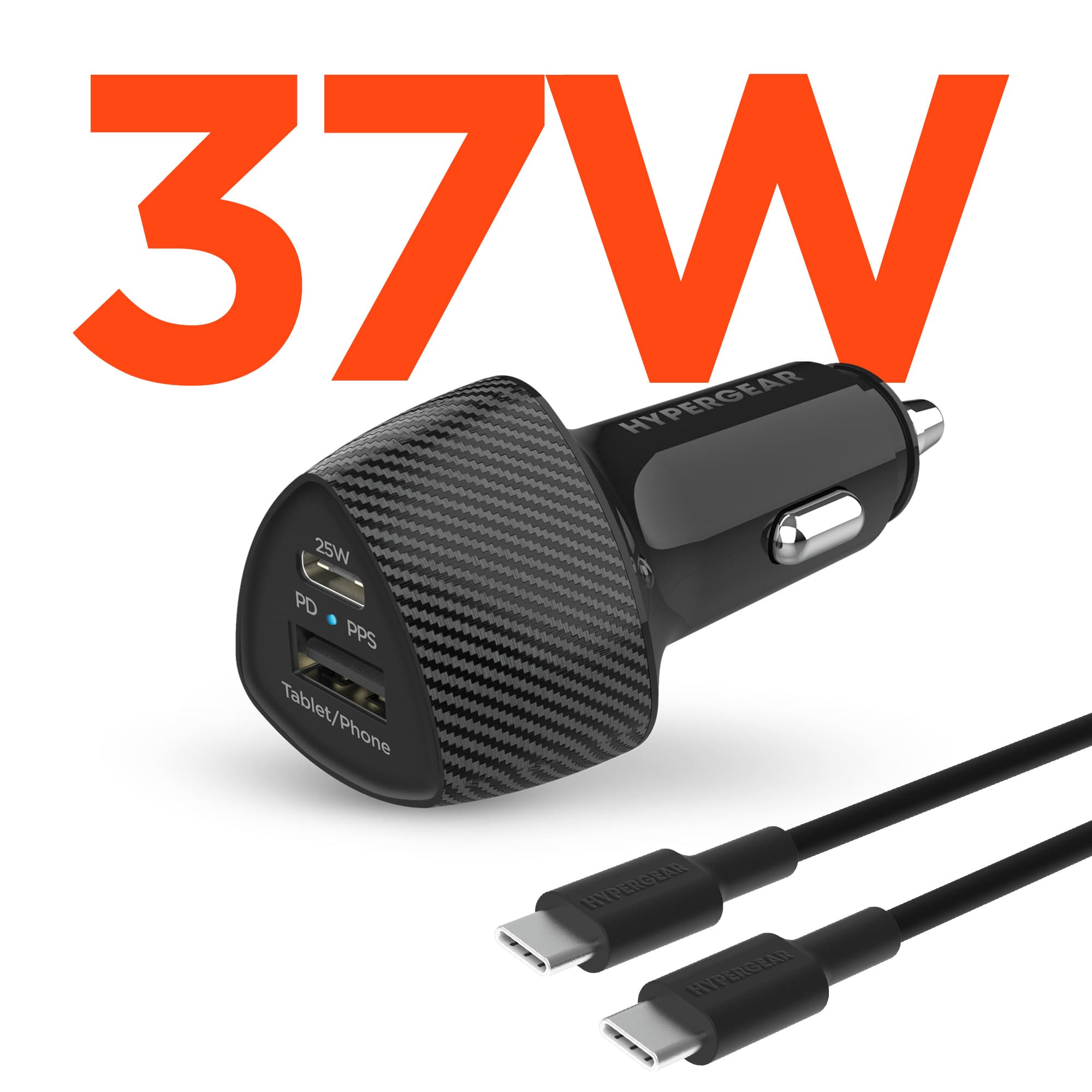 HyperGear 37W SpeedBoost Dual Port Car Charger & 4ft USB C to USB C Cable (Black)